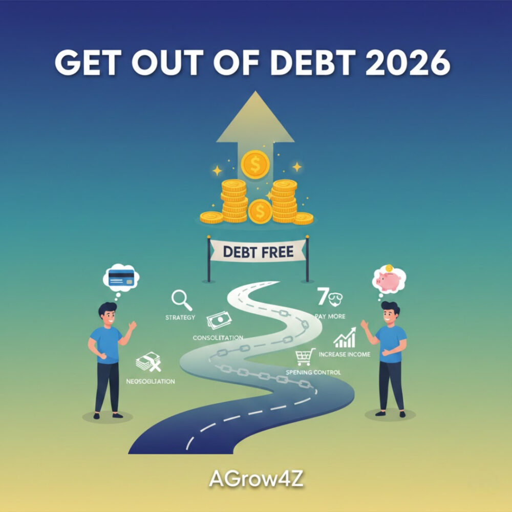 Animated roadmap to Get Out of Debt 2026 showing 7 steps.