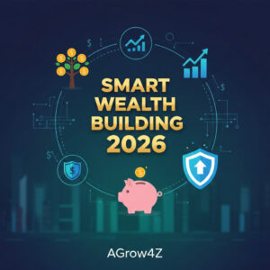 Animated graphic: Smart Wealth Building 2026 principles, growth icons, piggy bank.