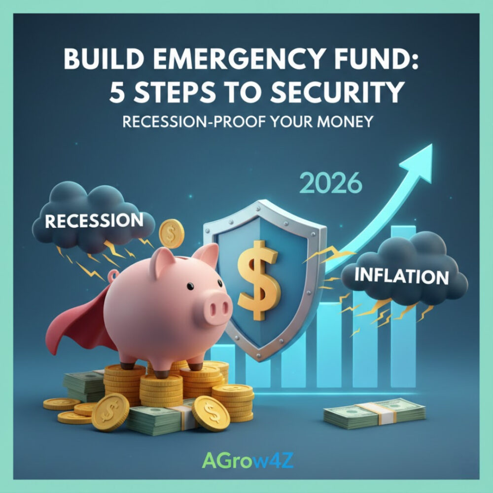 Superhero piggy bank protecting money from recession and inflation clouds with a rising financial chart for 2026.